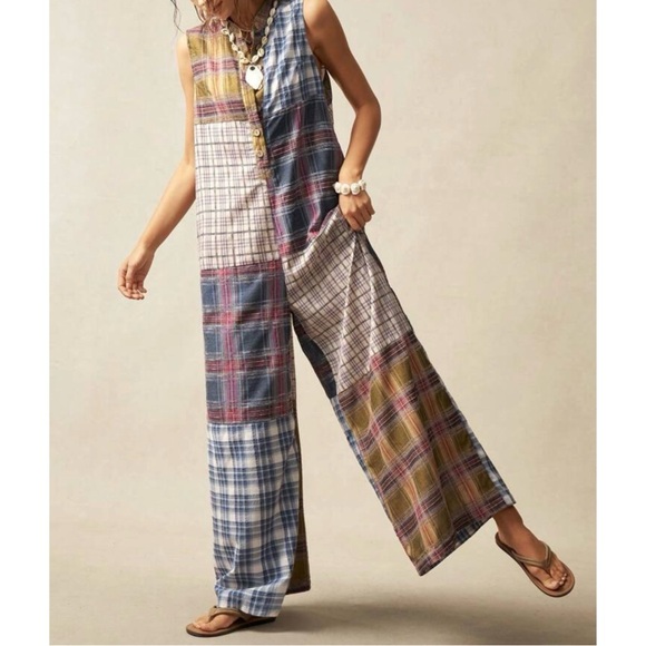 Plus Bohemian Plaid Patchwork Wide Leg Jumpsuit Jumper 1X 2X 3X 4X